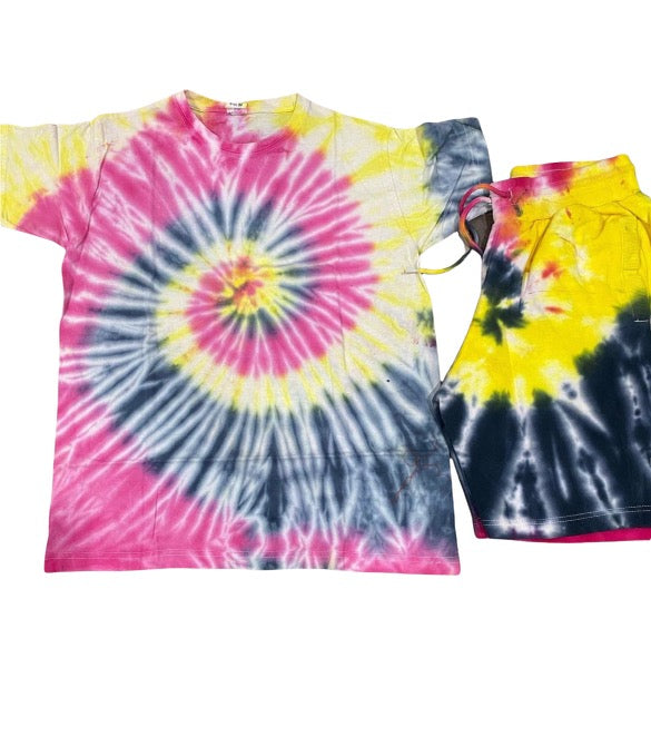 Yellow/hot pink spiral dye T-shirt and short sets