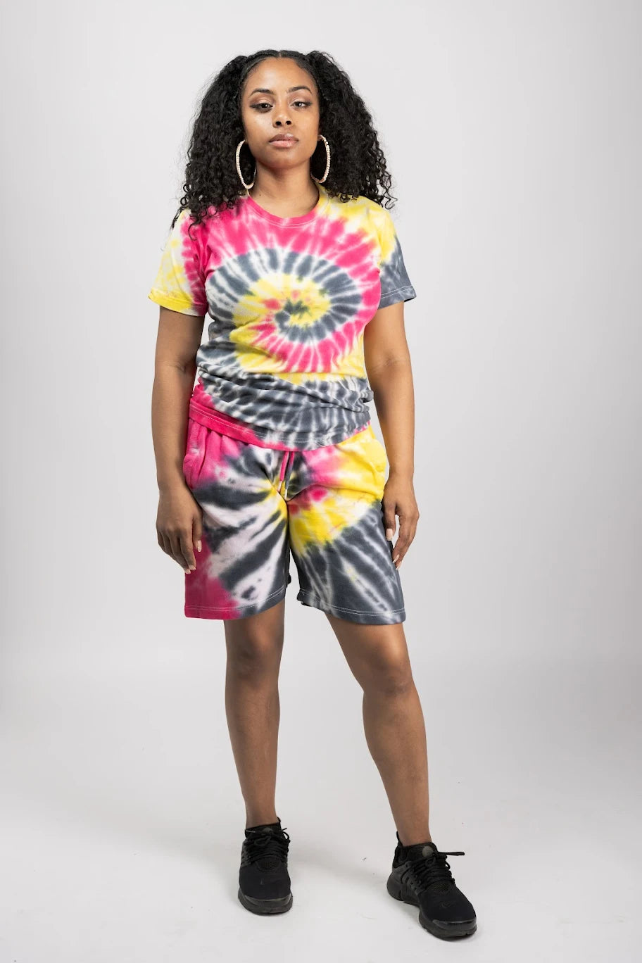 Yellow/hot pink spiral dye T-shirt and short sets